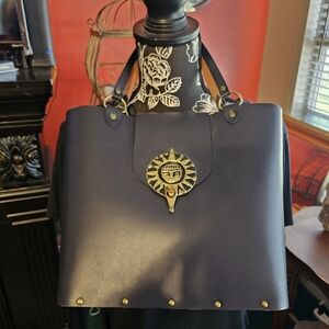 Vintage RARE COLLINS Leather Sun Emblem Bucket Bag - Black OR Navy